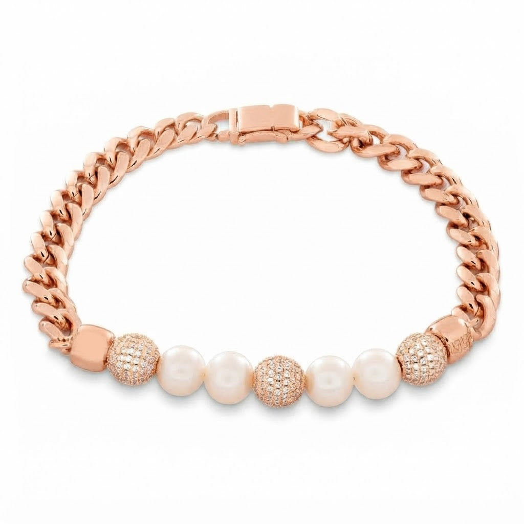 Trove Orbit Pearl Beaded Curb Link Bracelet with Pave Moissanite Beads