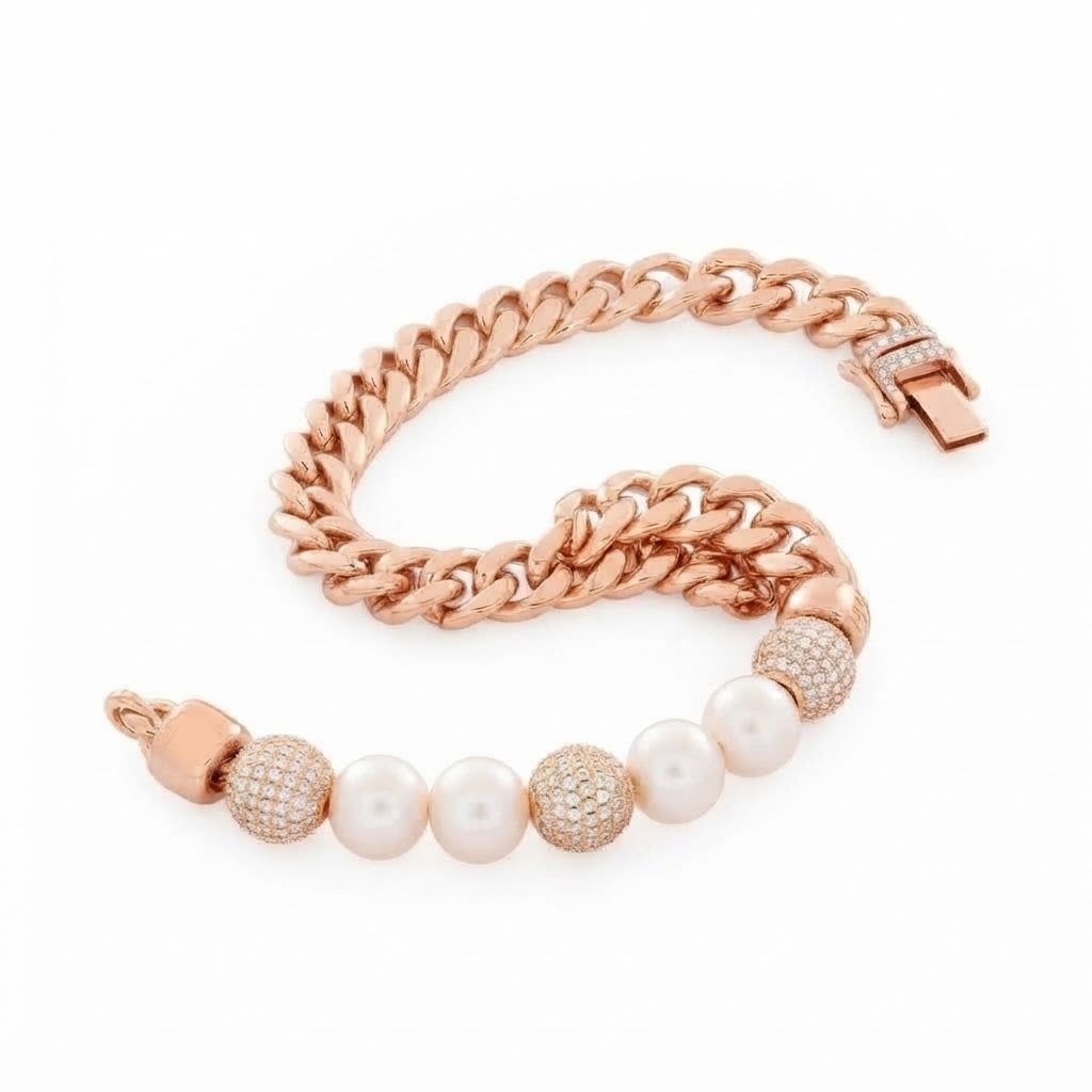Trove Orbit Pearl Beaded Curb Link Bracelet with Pave Moissanite Beads