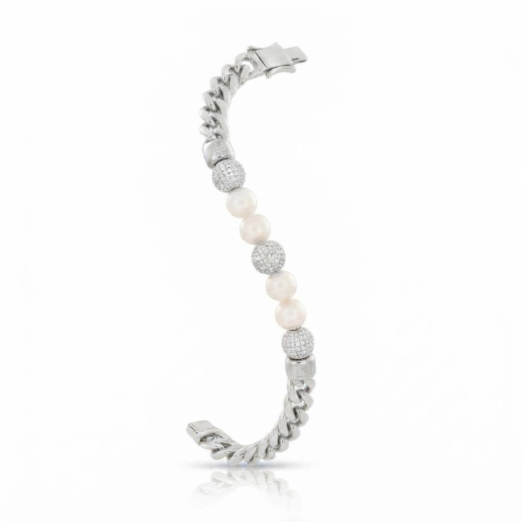 Trove Orbit Pearl Beaded Curb Link Bracelet with Pave Moissanite Beads