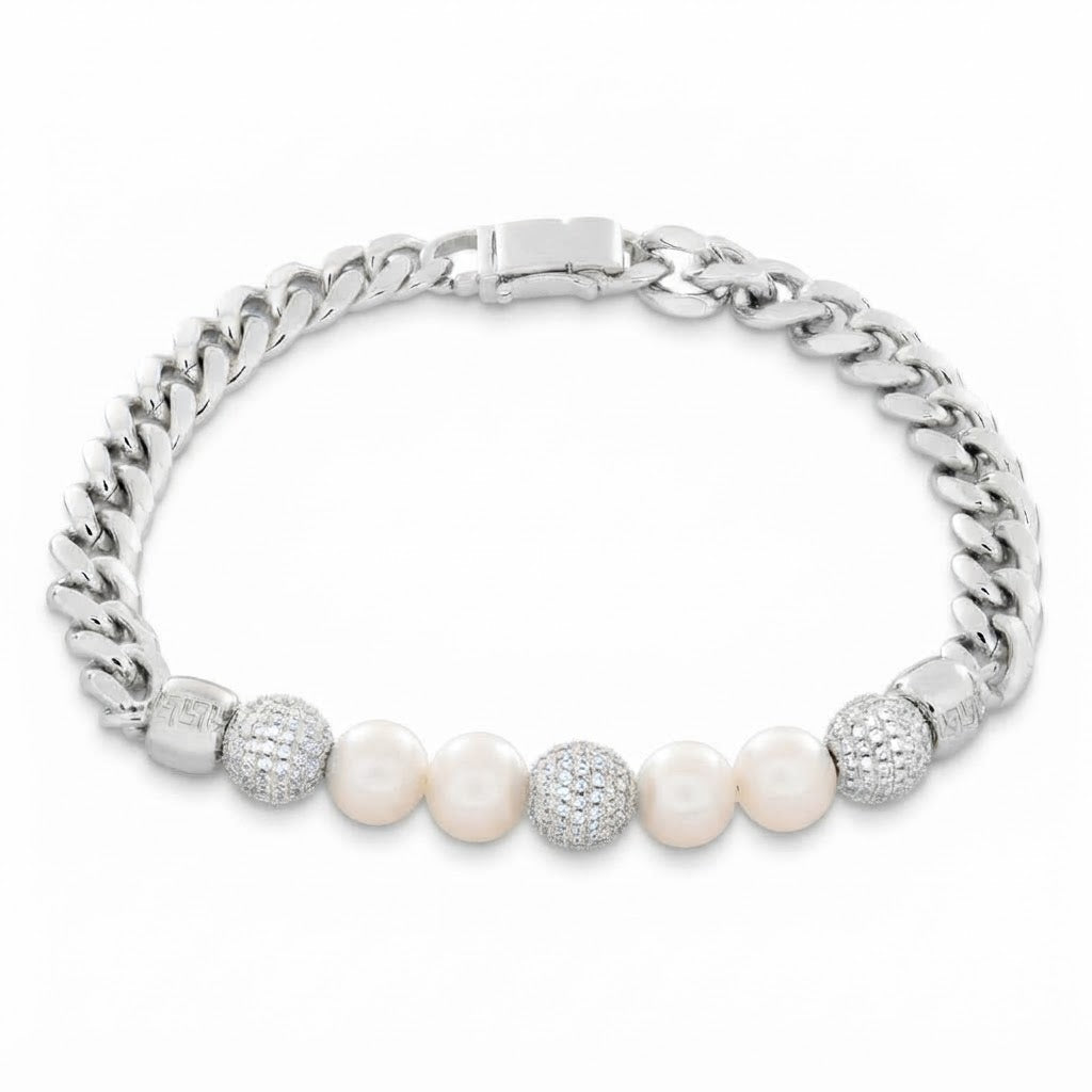Trove Orbit Pearl Beaded Curb Link Bracelet with Pave Moissanite Beads