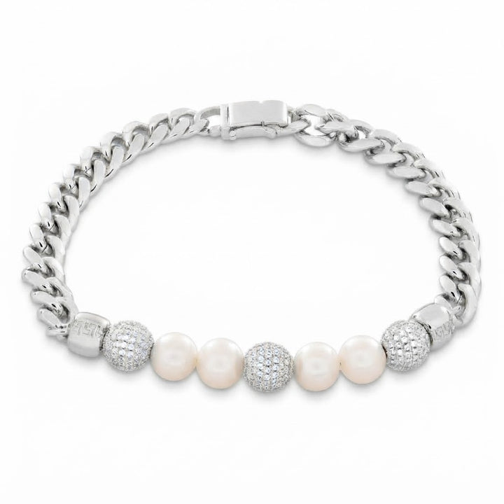 Trove Orbit Pearl Beaded Curb Link Bracelet with Pave Moissanite Beads