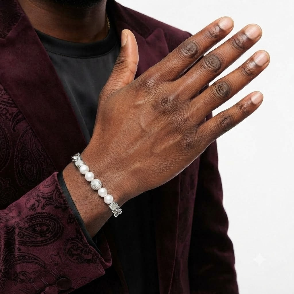 Trove Orbit Pearl Beaded Curb Link Bracelet with Pave Moissanite Beads