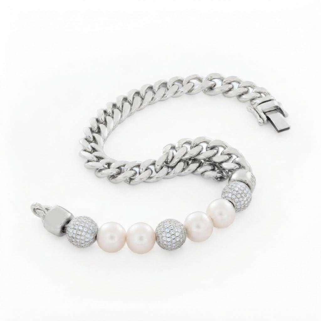 Trove Orbit Pearl Beaded Curb Link Bracelet with Pave Moissanite Beads