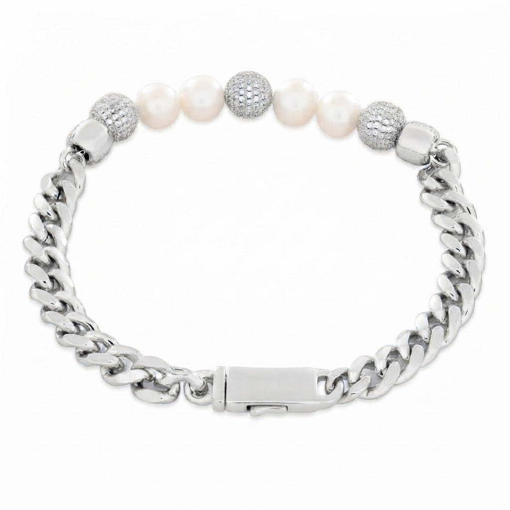 Trove Orbit Pearl Beaded Curb Link Bracelet with Pave Moissanite Beads