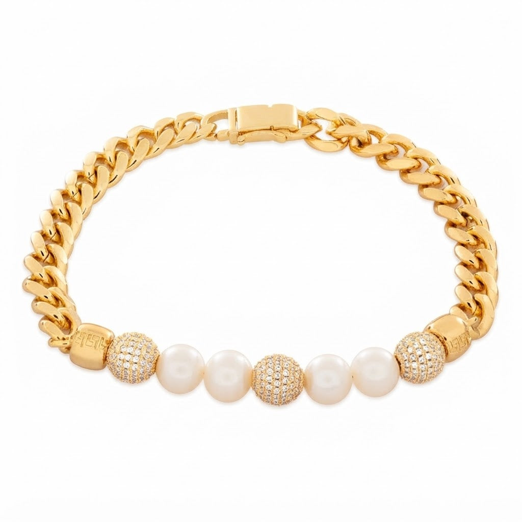 Trove Orbit Pearl Beaded Curb Link Bracelet with Pave Moissanite Beads