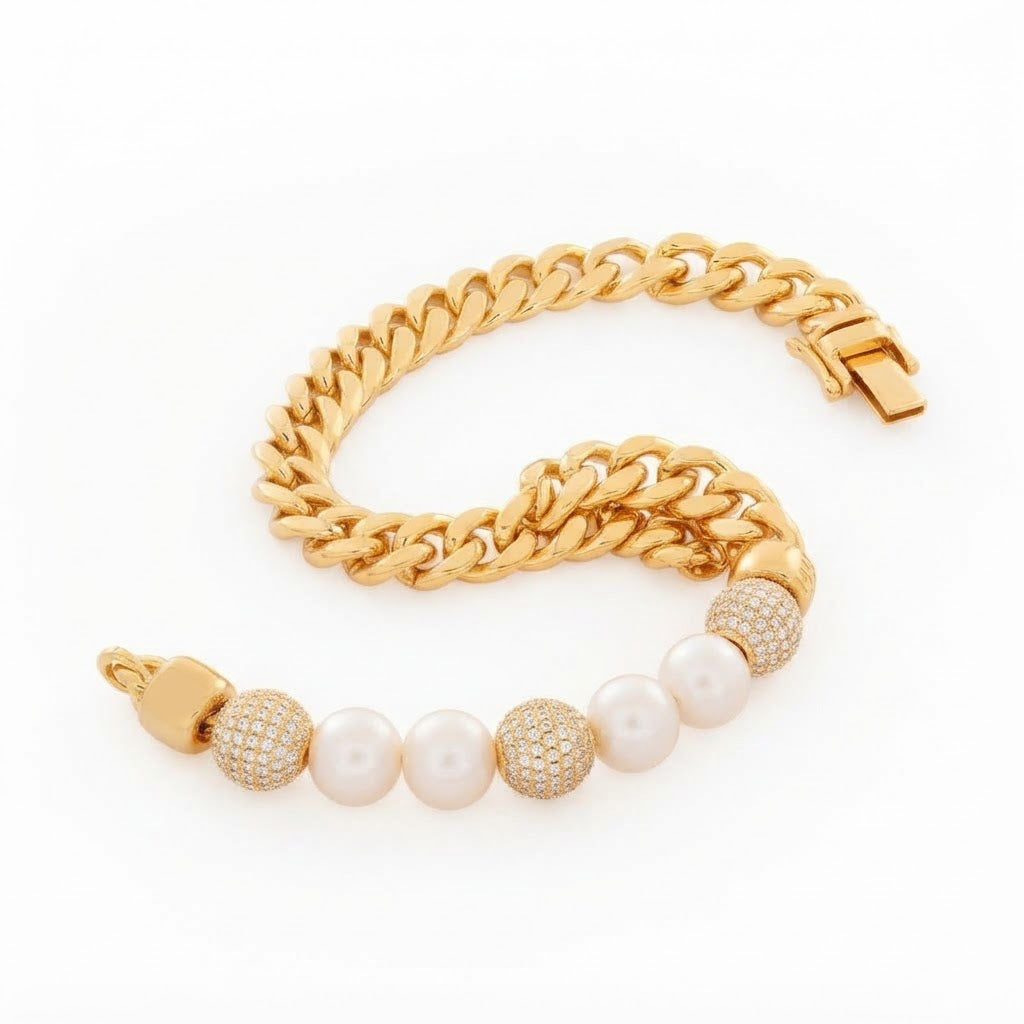 Trove Orbit Pearl Beaded Curb Link Bracelet with Pave Moissanite Beads