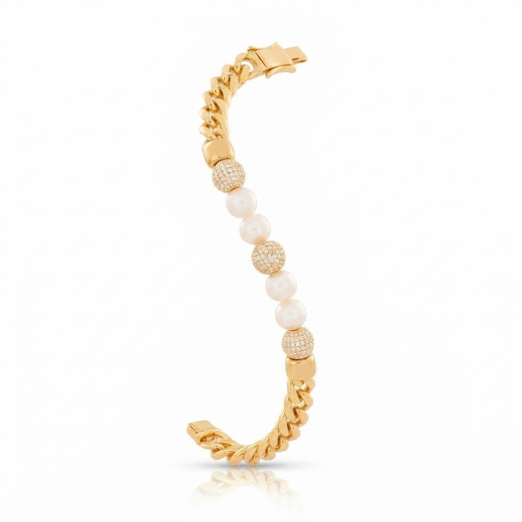 Trove Orbit Pearl Beaded Curb Link Bracelet with Pave Moissanite Beads