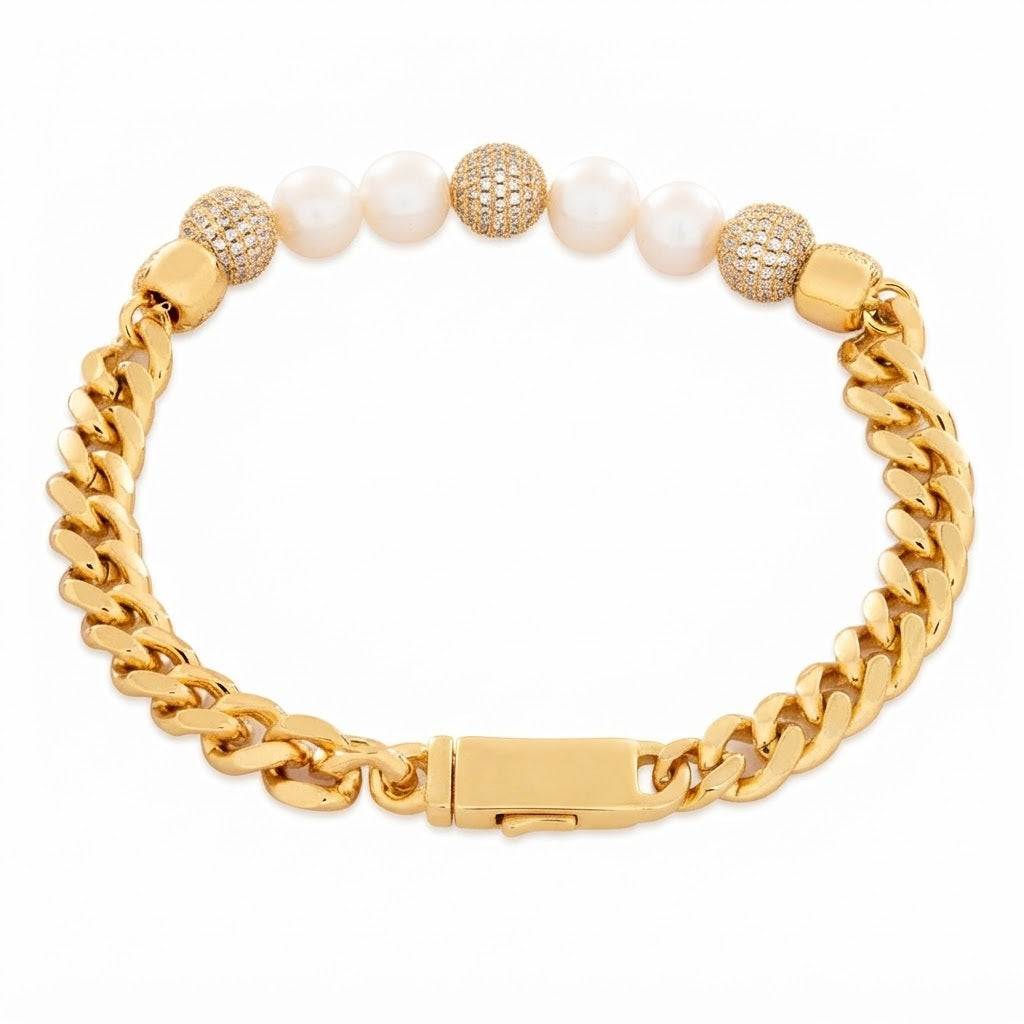 Trove Orbit Pearl Beaded Curb Link Bracelet with Pave Moissanite Beads