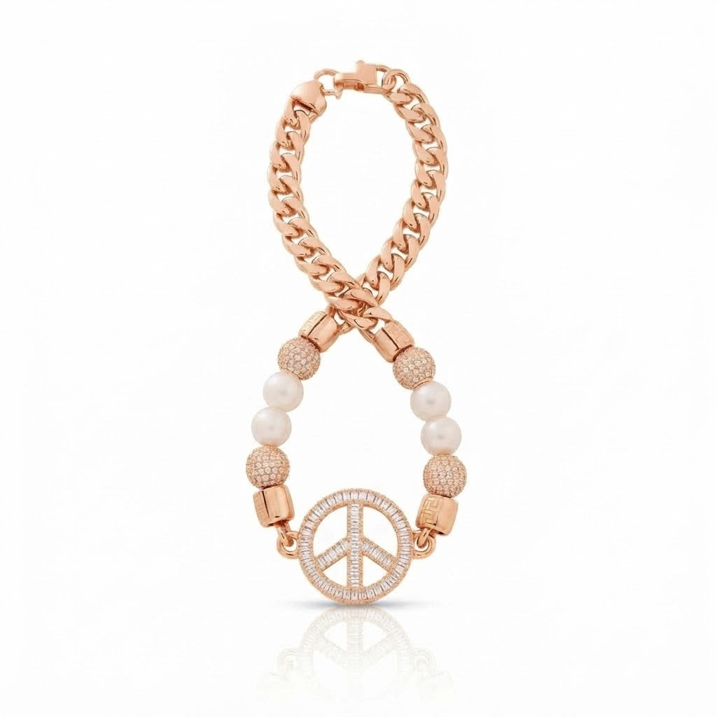 Pearl Beaded Curb Link Bracelet with Peace Symbol Pendant