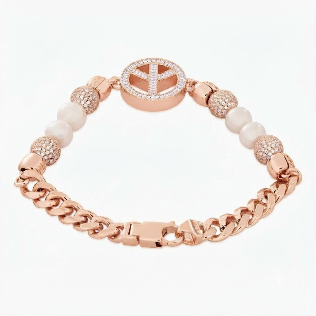 Pearl Beaded Curb Link Bracelet with Peace Symbol Pendant