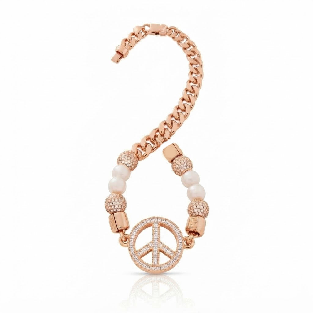 Pearl Beaded Curb Link Bracelet with Peace Symbol Pendant