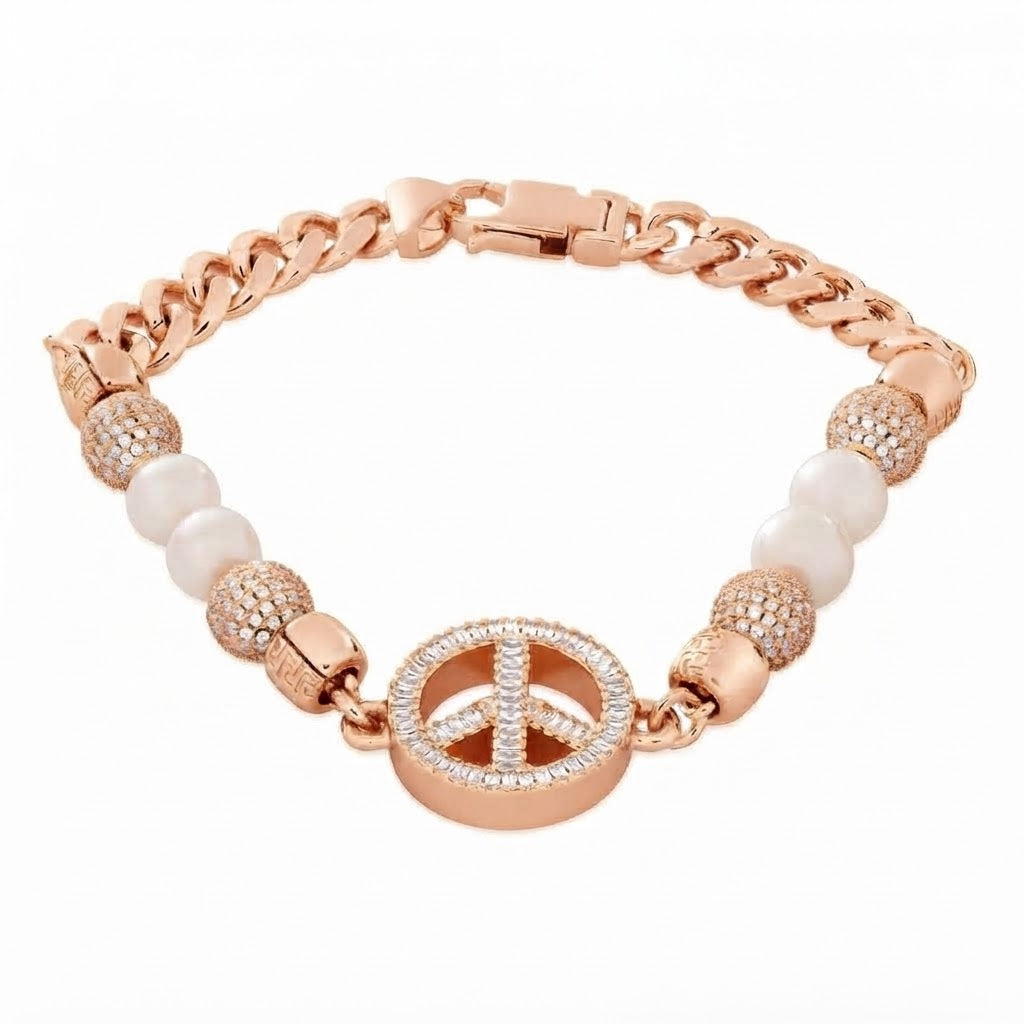 Pearl Beaded Curb Link Bracelet with Peace Symbol Pendant