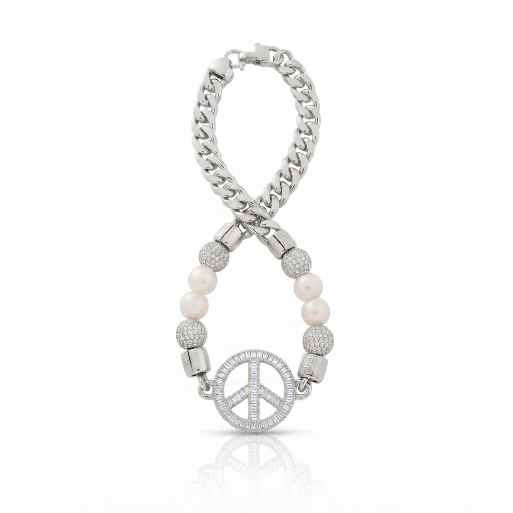 Pearl Beaded Curb Link Bracelet with Peace Symbol Pendant