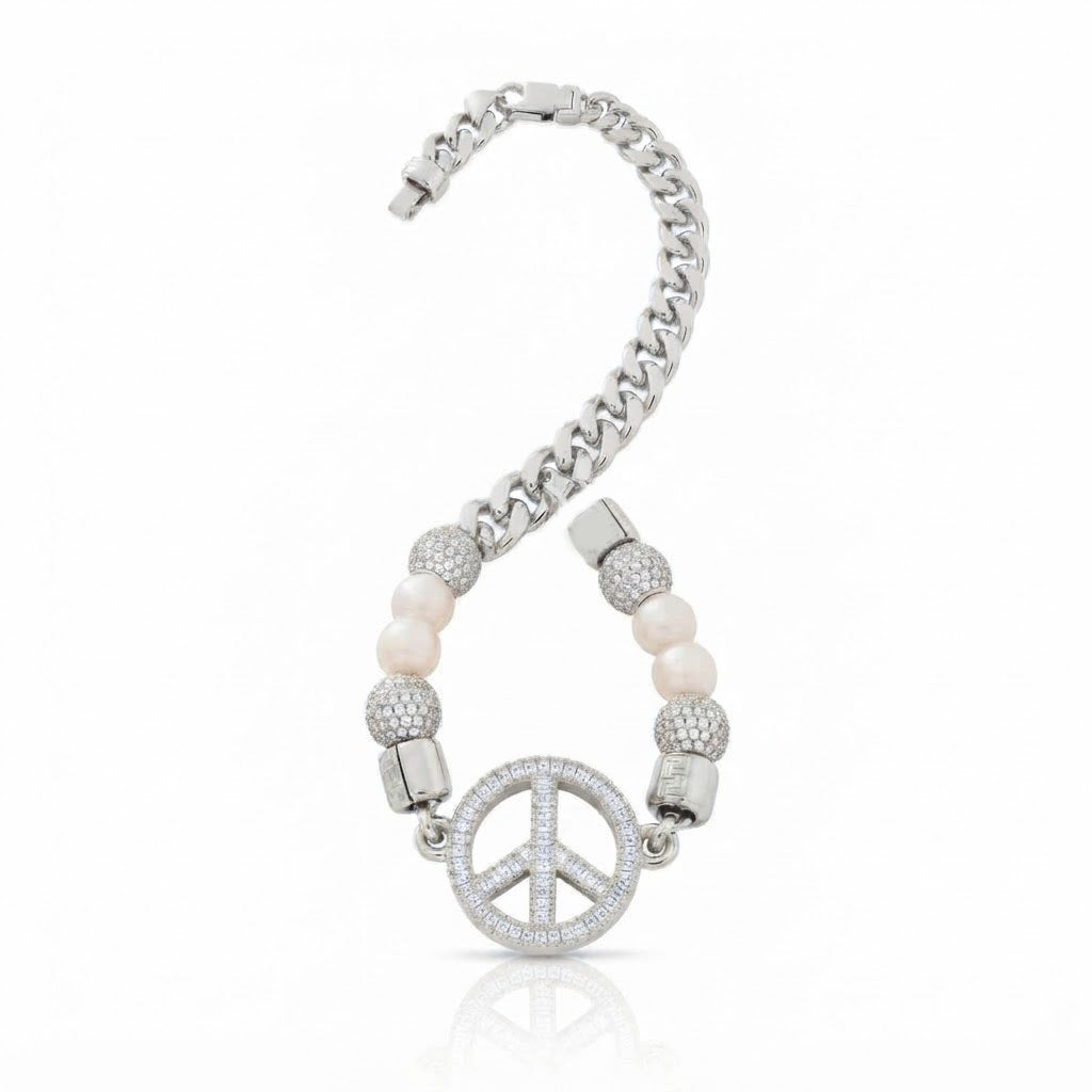 Pearl Beaded Curb Link Bracelet with Peace Symbol Pendant