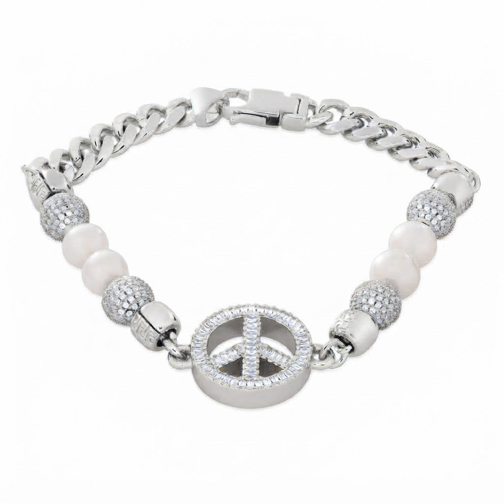 Pearl Beaded Curb Link Bracelet with Peace Symbol Pendant