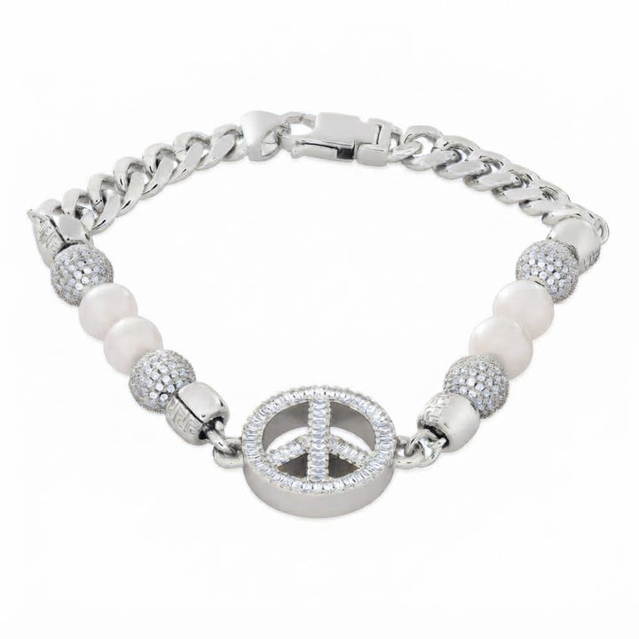 Pearl Beaded Curb Link Bracelet with Peace Symbol Pendant