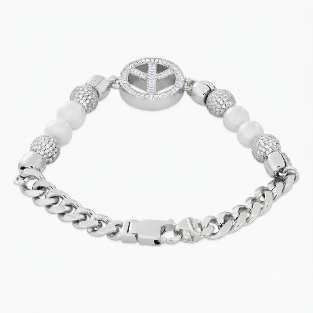 Pearl Beaded Curb Link Bracelet with Peace Symbol Pendant