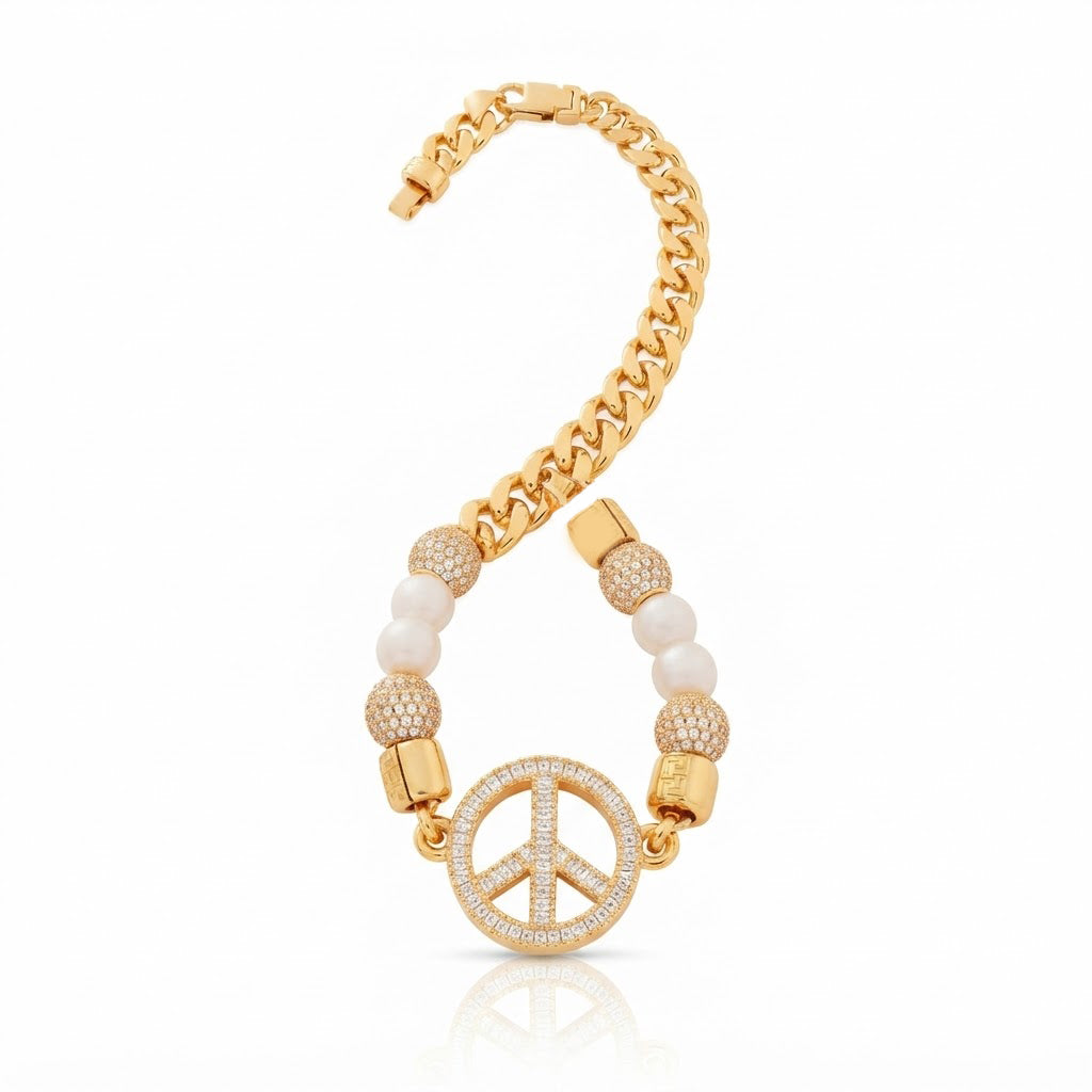 Pearl Beaded Curb Link Bracelet with Peace Symbol Pendant