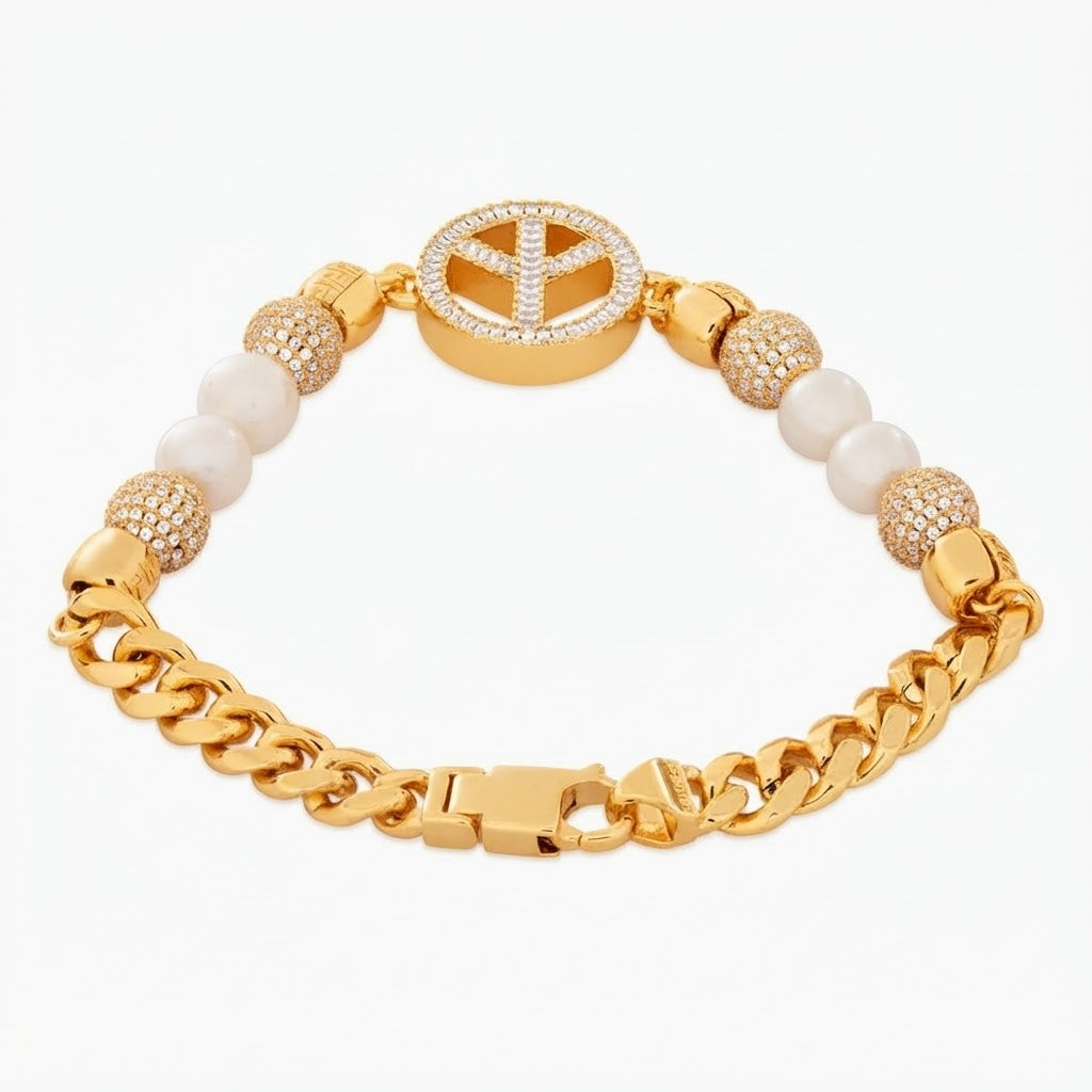 Pearl Beaded Curb Link Bracelet with Peace Symbol Pendant