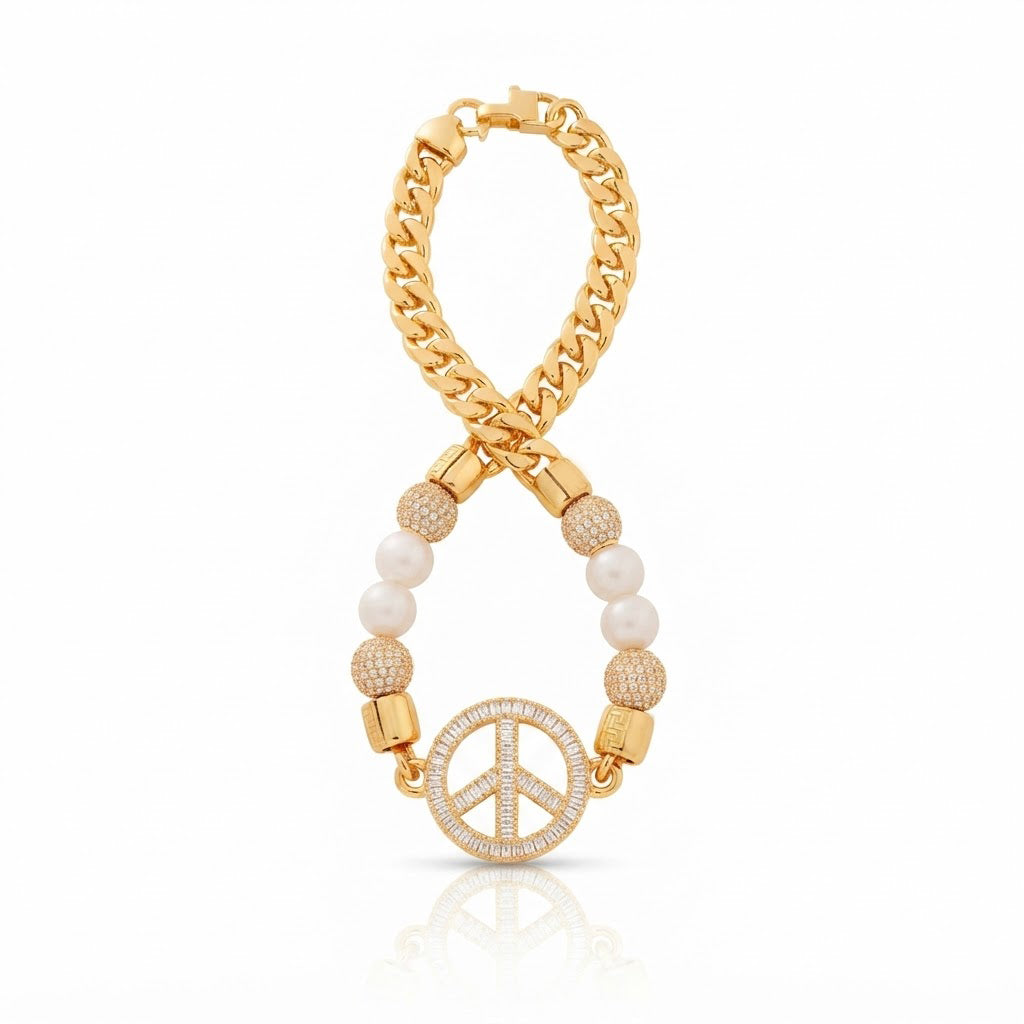Pearl Beaded Curb Link Bracelet with Peace Symbol Pendant