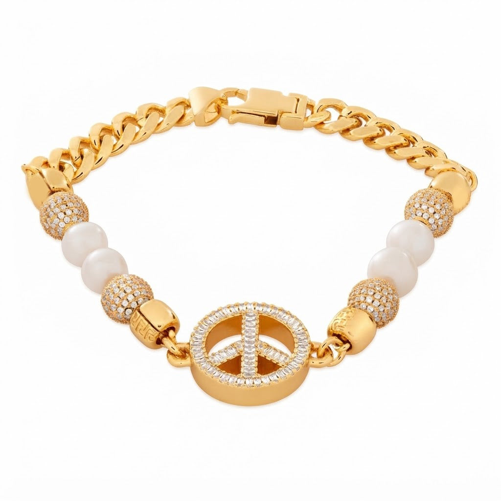 Pearl Beaded Curb Link Bracelet with Peace Symbol Pendant