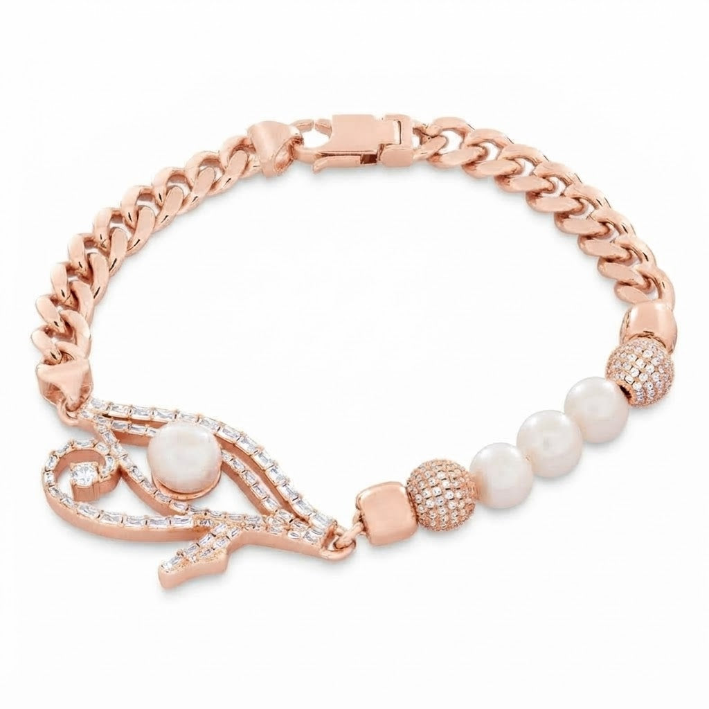 Pearl Moissanite Beaded Curb Bracelet with Eye Shape Charm