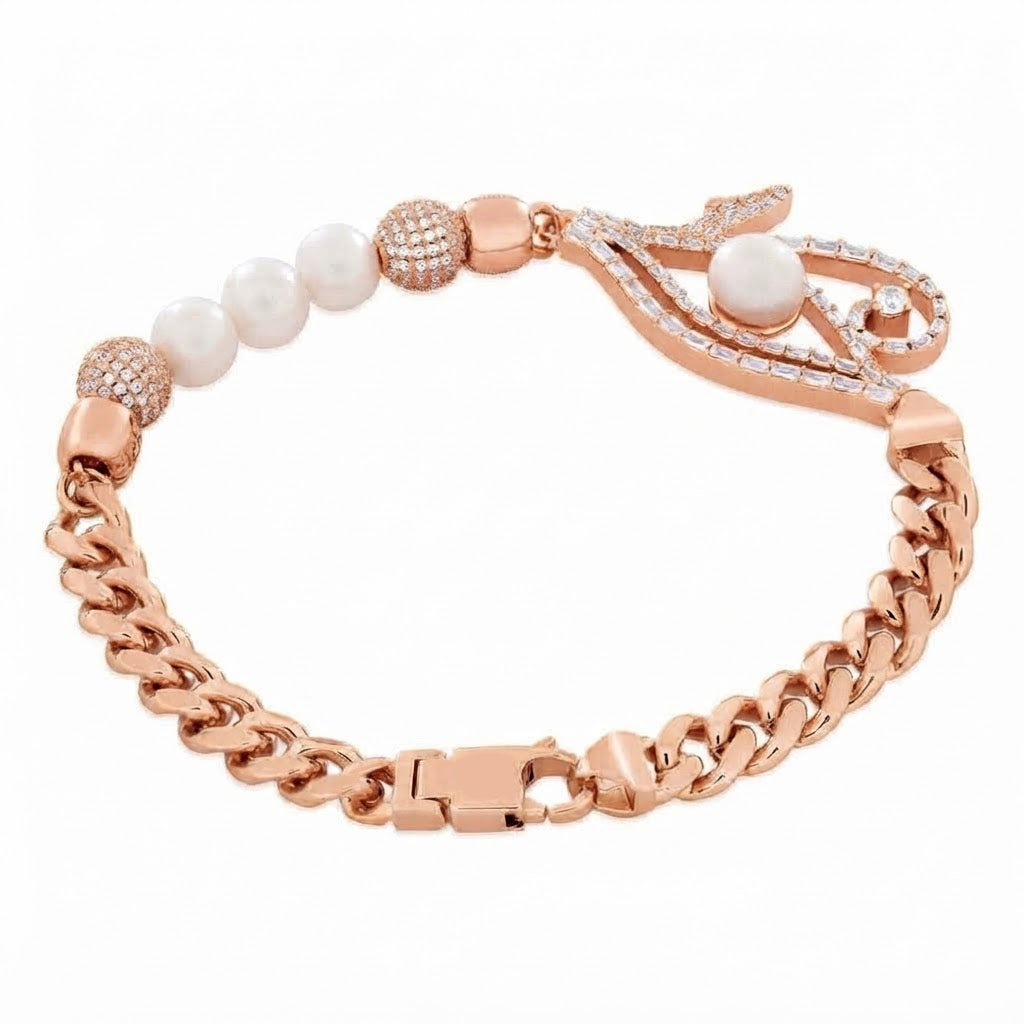 Pearl Moissanite Beaded Curb Bracelet with Eye Shape Charm