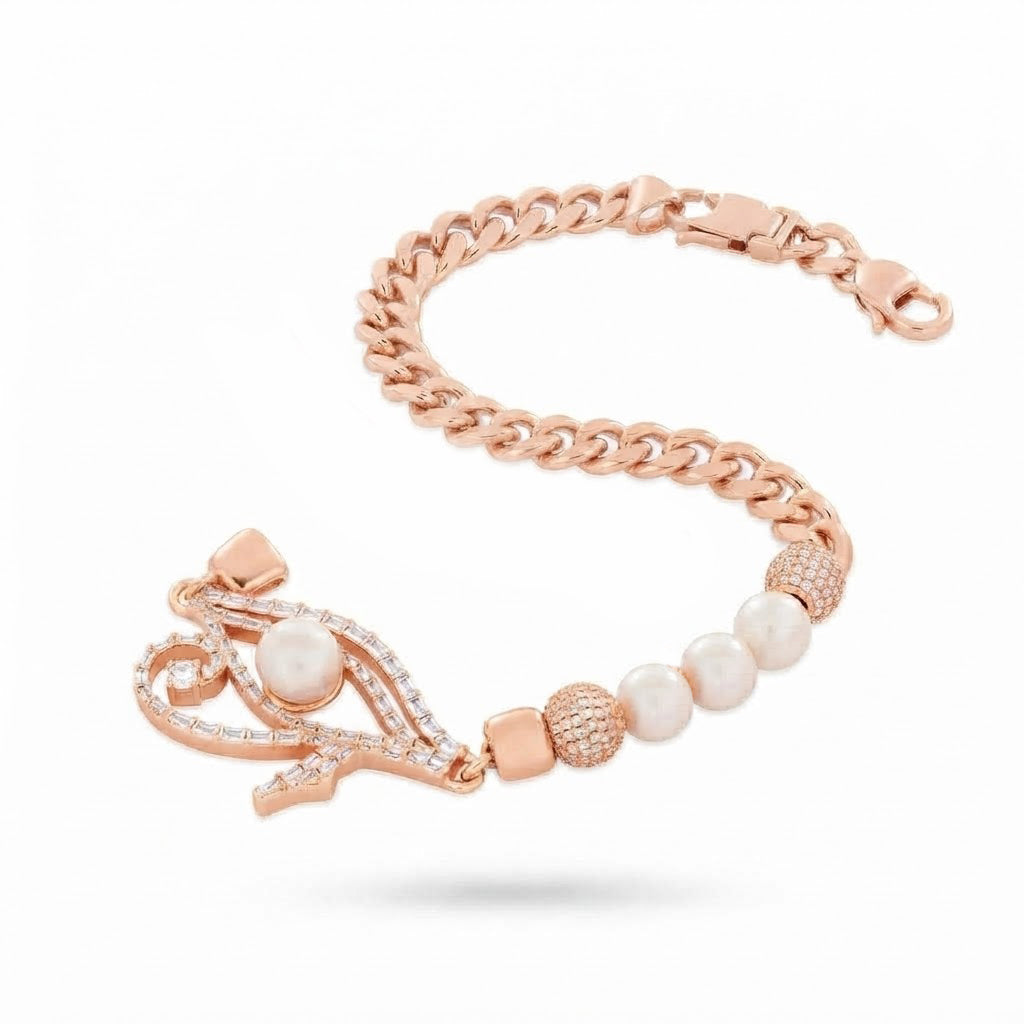 Pearl Moissanite Beaded Curb Bracelet with Eye Shape Charm