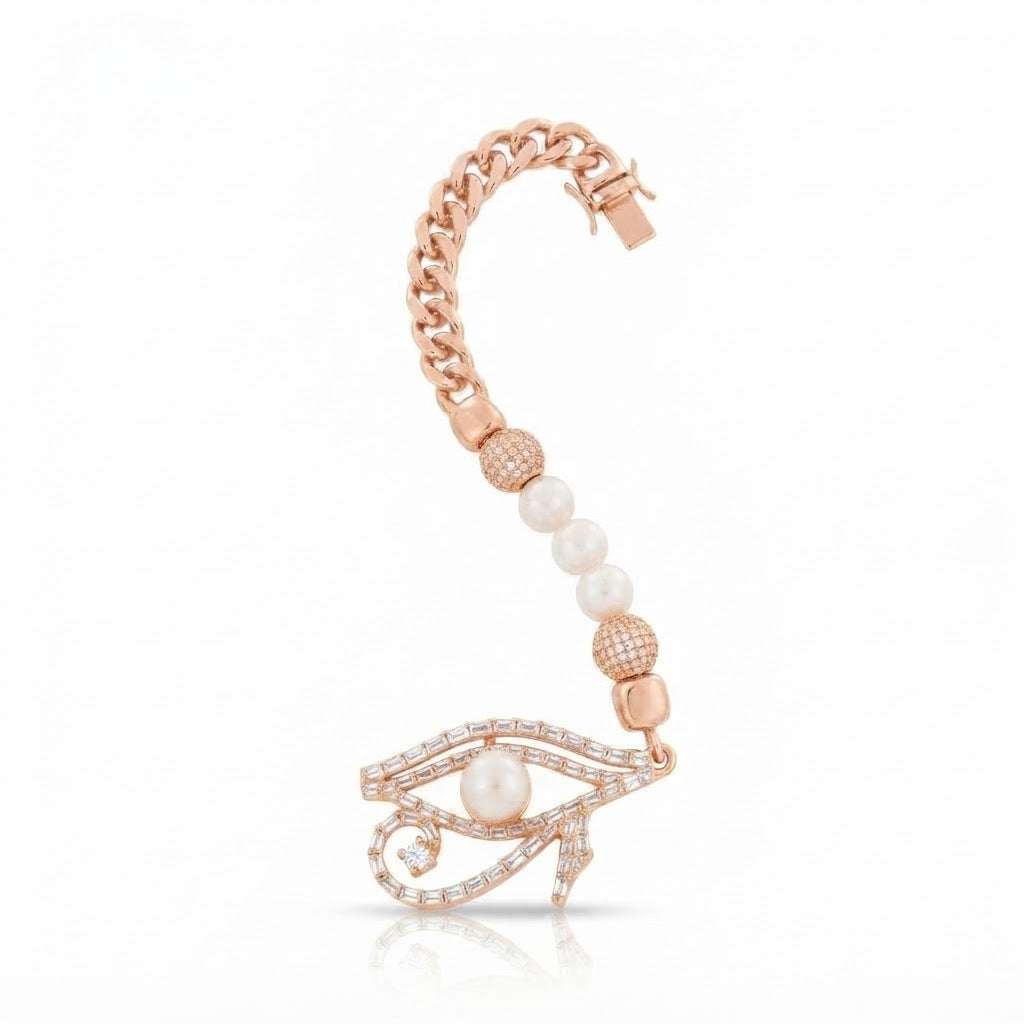 Pearl Moissanite Beaded Curb Bracelet with Eye Shape Charm