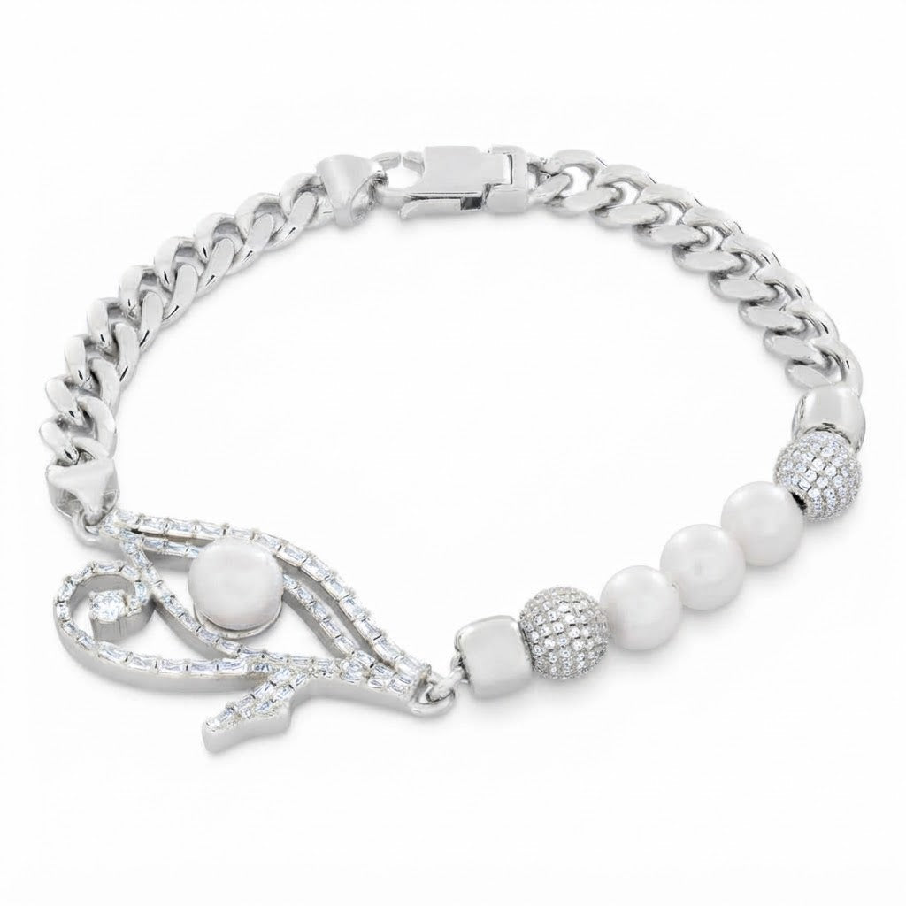 Pearl Moissanite Beaded Curb Bracelet with Eye Shape Charm