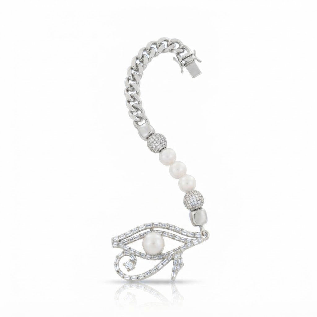 Pearl Moissanite Beaded Curb Bracelet with Eye Shape Charm