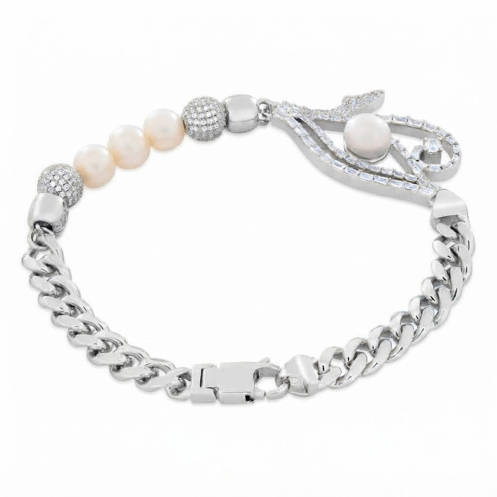 Pearl Moissanite Beaded Curb Bracelet with Eye Shape Charm