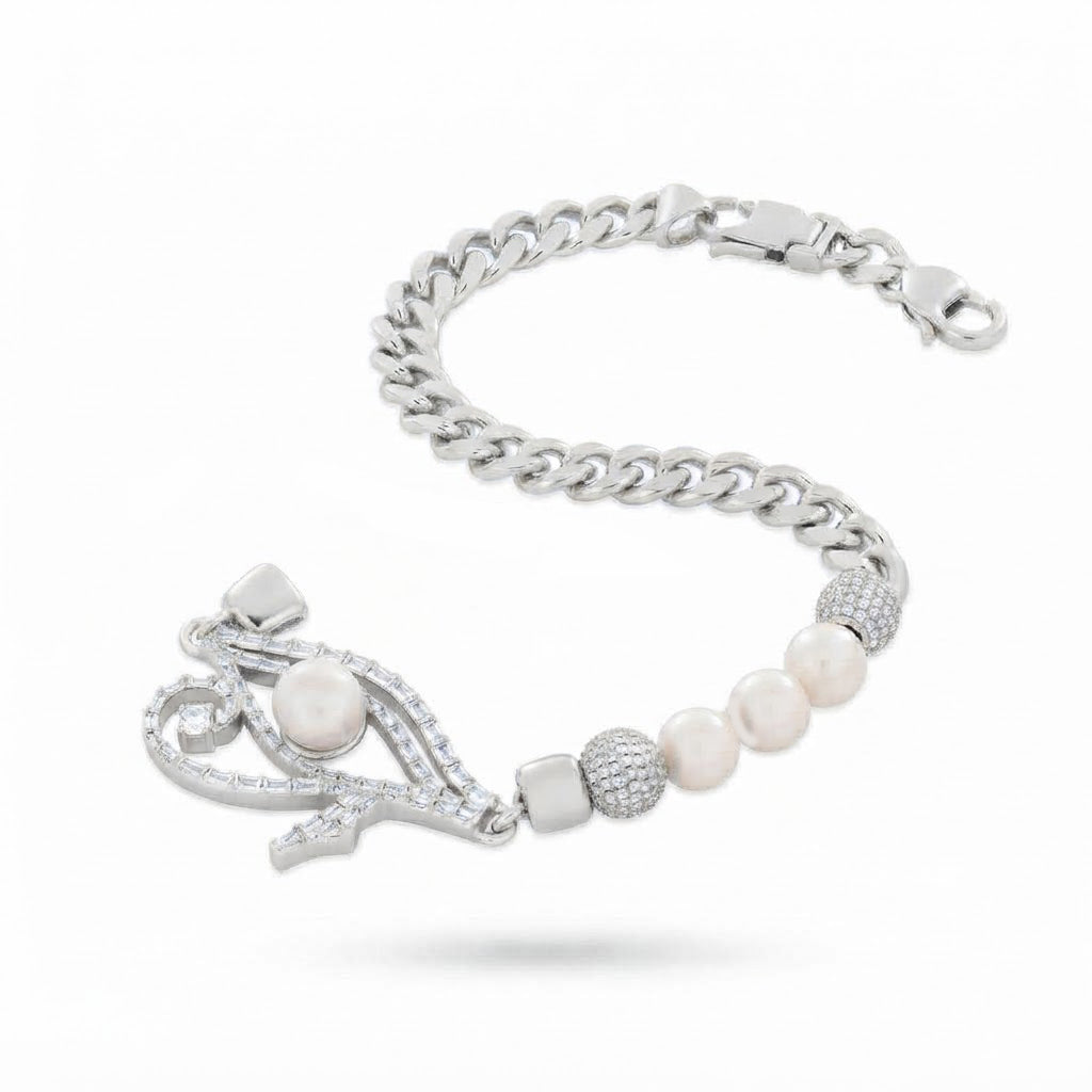 Pearl Moissanite Beaded Curb Bracelet with Eye Shape Charm