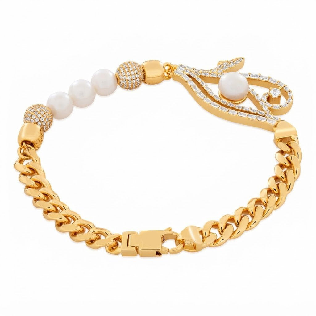 Pearl Moissanite Beaded Curb Bracelet with Eye Shape Charm