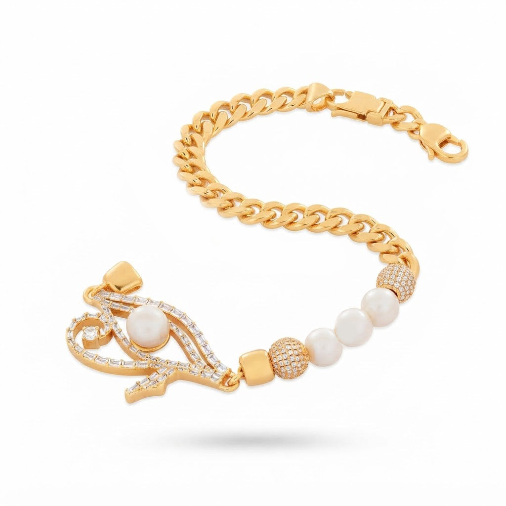 Pearl Moissanite Beaded Curb Bracelet with Eye Shape Charm