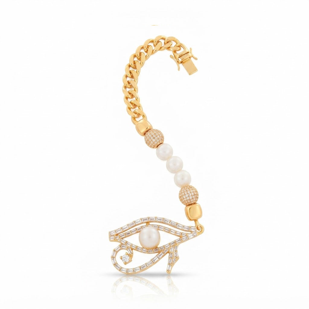 Pearl Moissanite Beaded Curb Bracelet with Eye Shape Charm