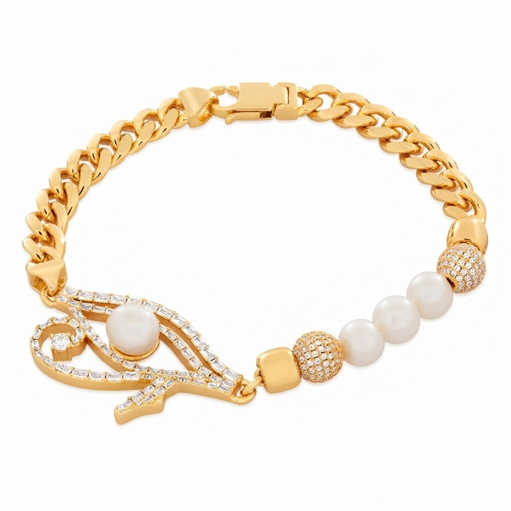 Pearl Moissanite Beaded Curb Bracelet with Eye Shape Charm