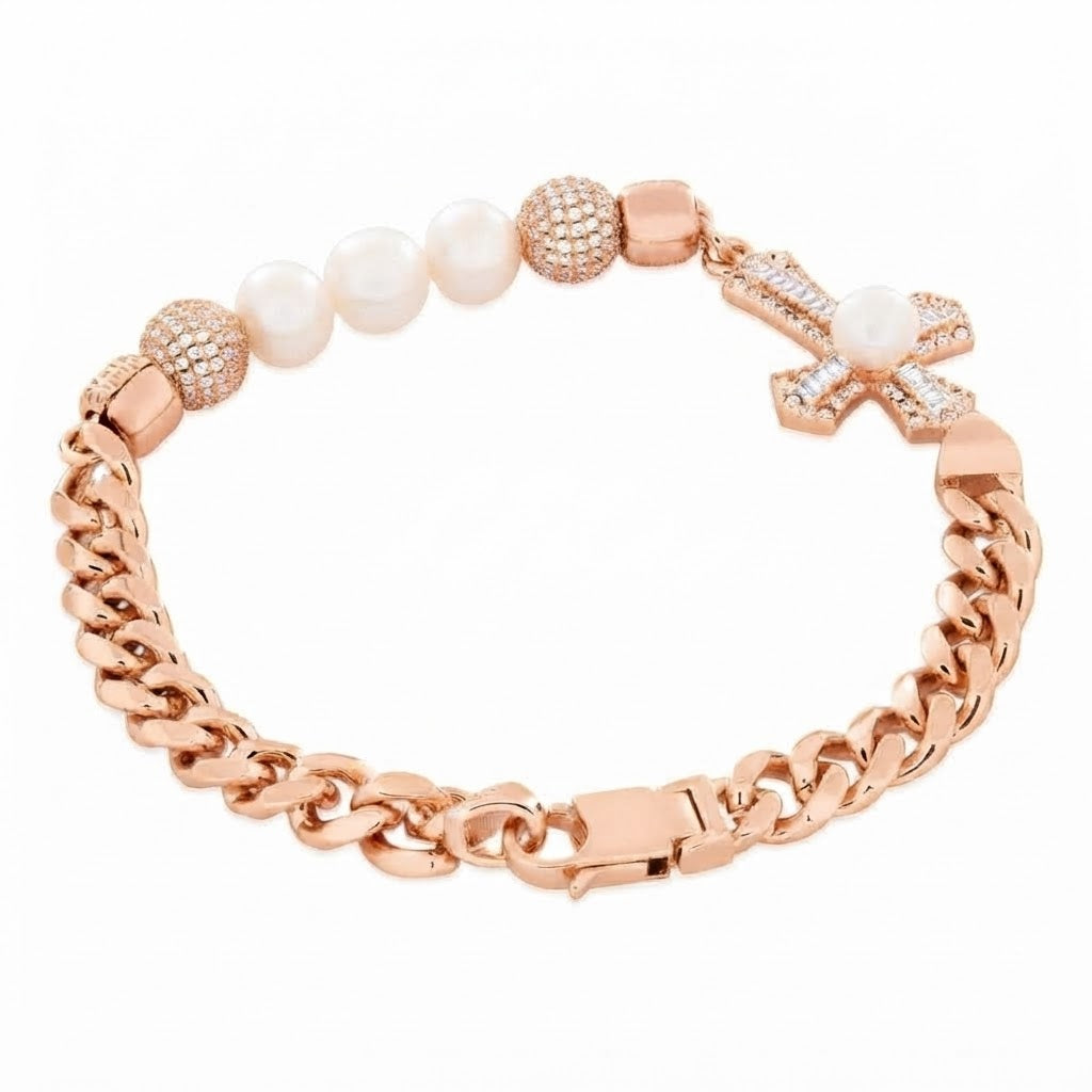Pearl Moissanite Beaded Curb Bracelet with Cross Baguette Charm