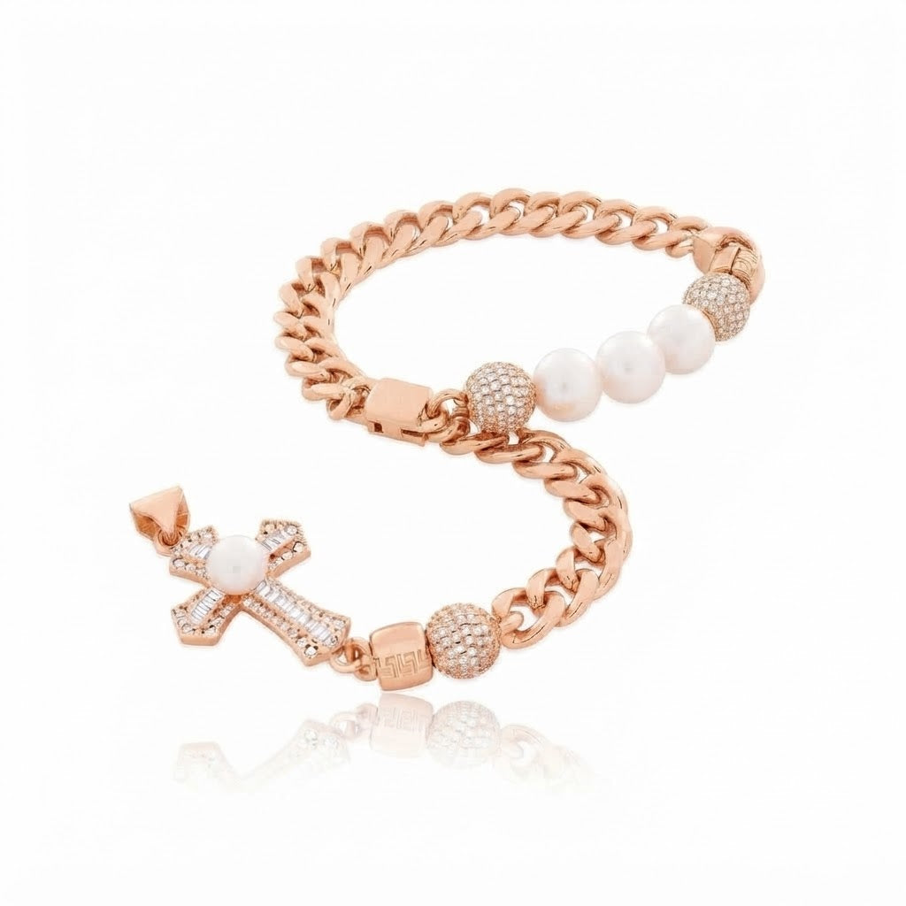 Pearl Moissanite Beaded Curb Bracelet with Cross Baguette Charm