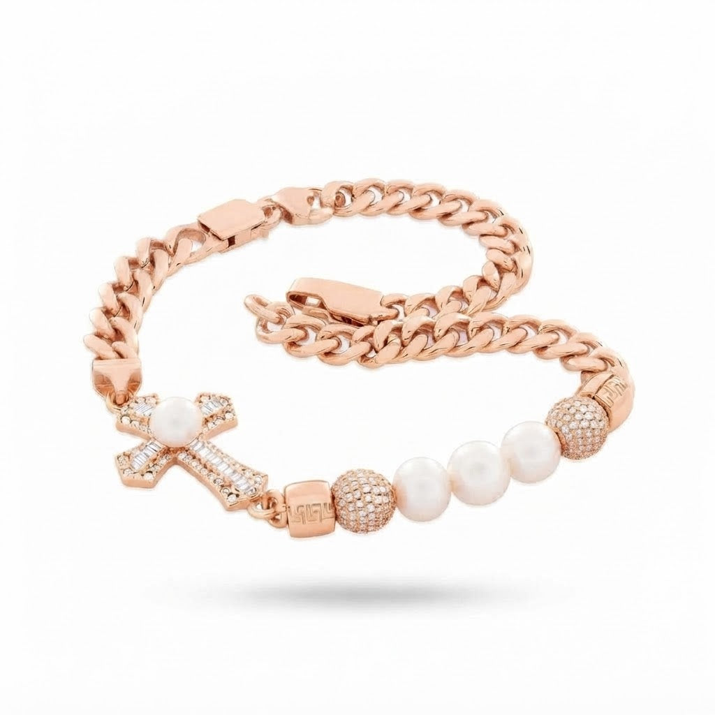 Pearl Moissanite Beaded Curb Bracelet with Cross Baguette Charm