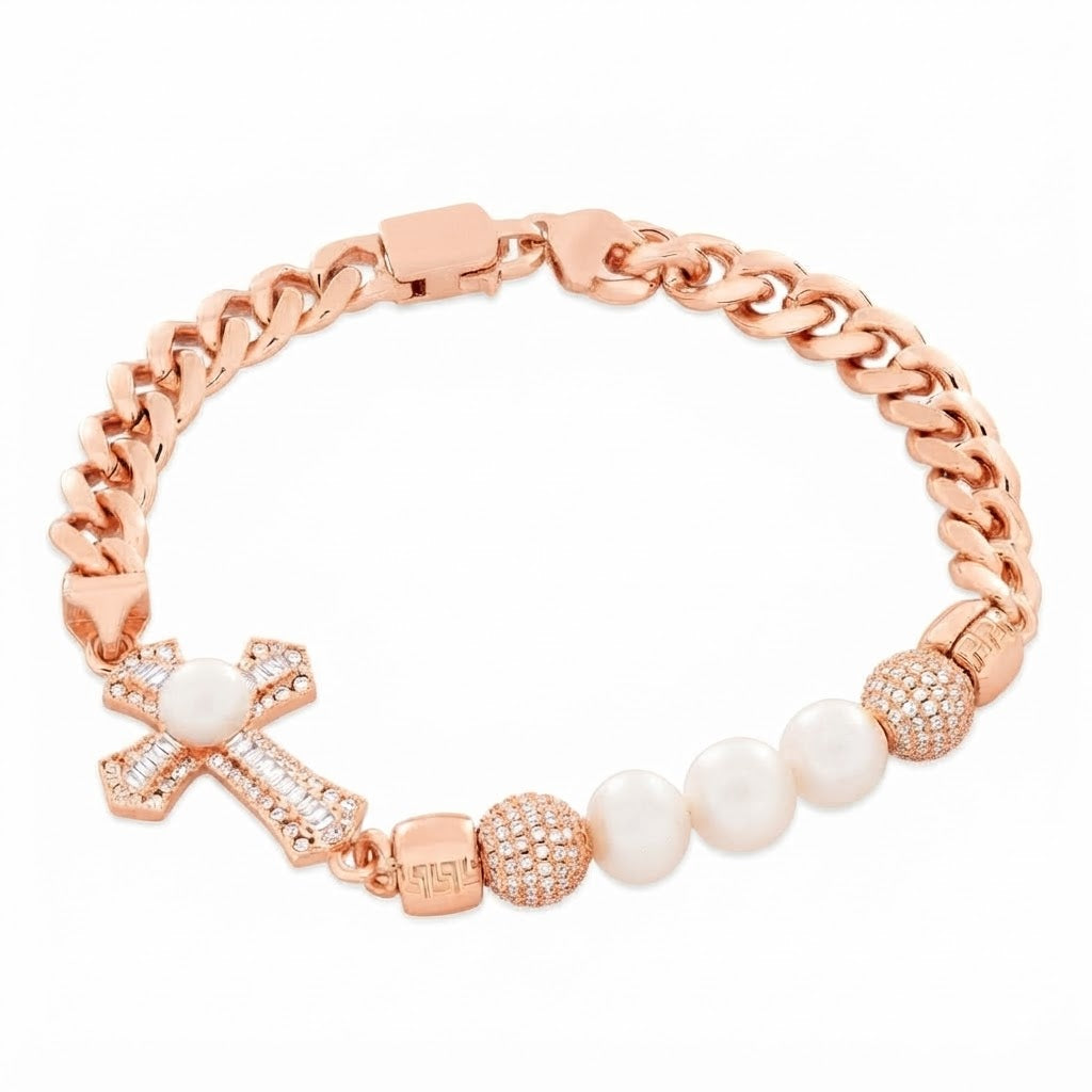 Pearl Moissanite Beaded Curb Bracelet with Cross Baguette Charm