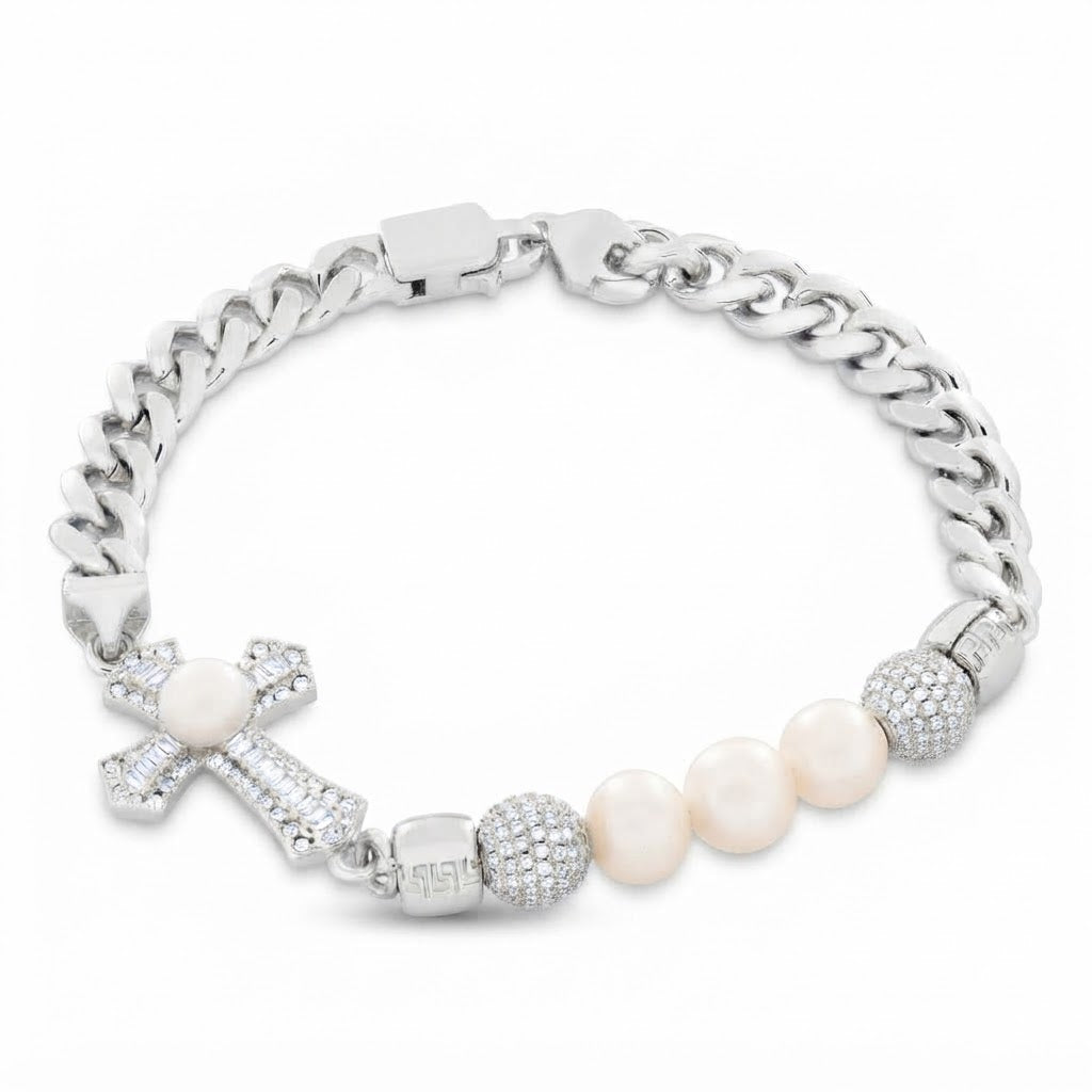 Pearl Moissanite Beaded Curb Bracelet with Cross Baguette Charm