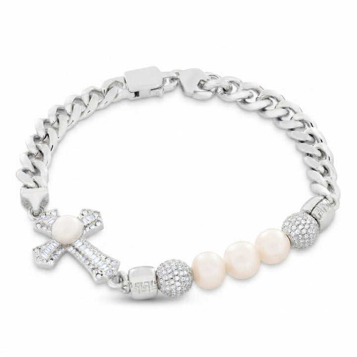 Pearl Moissanite Beaded Curb Bracelet with Cross Baguette Charm