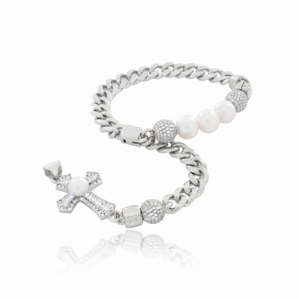 Pearl Moissanite Beaded Curb Bracelet with Cross Baguette Charm