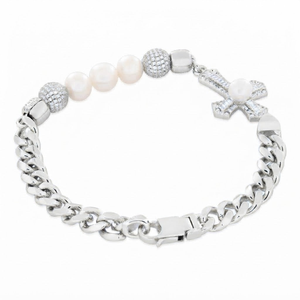 Pearl Moissanite Beaded Curb Bracelet with Cross Baguette Charm