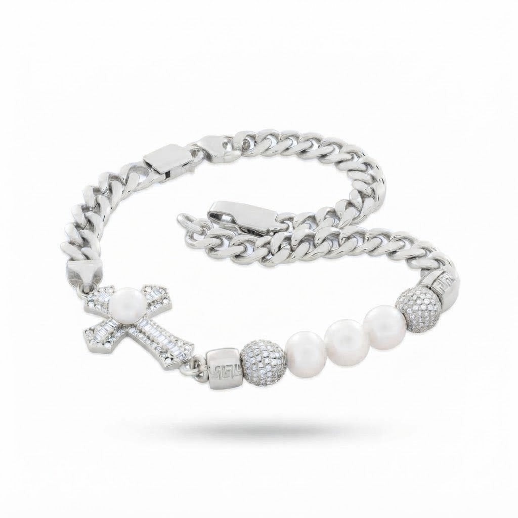 Pearl Moissanite Beaded Curb Bracelet with Cross Baguette Charm