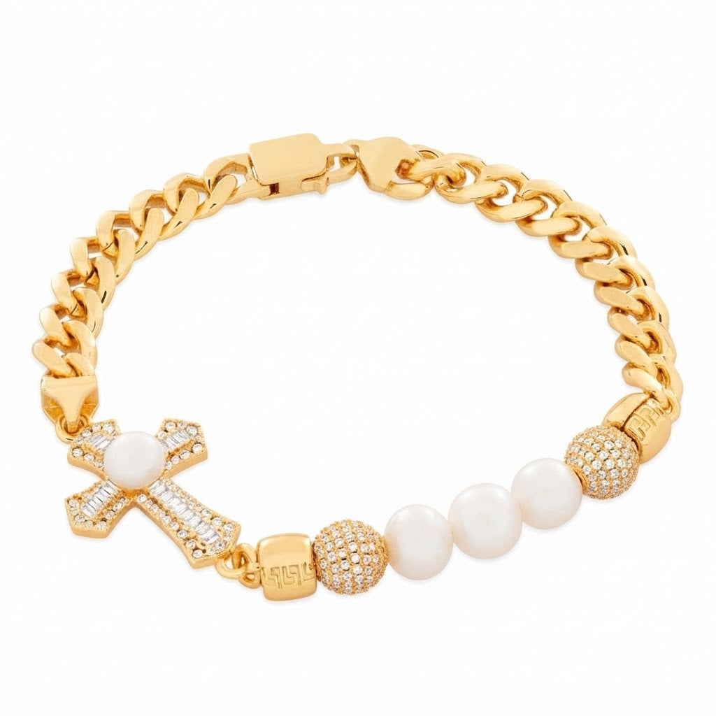 Pearl Moissanite Beaded Curb Bracelet with Cross Baguette Charm