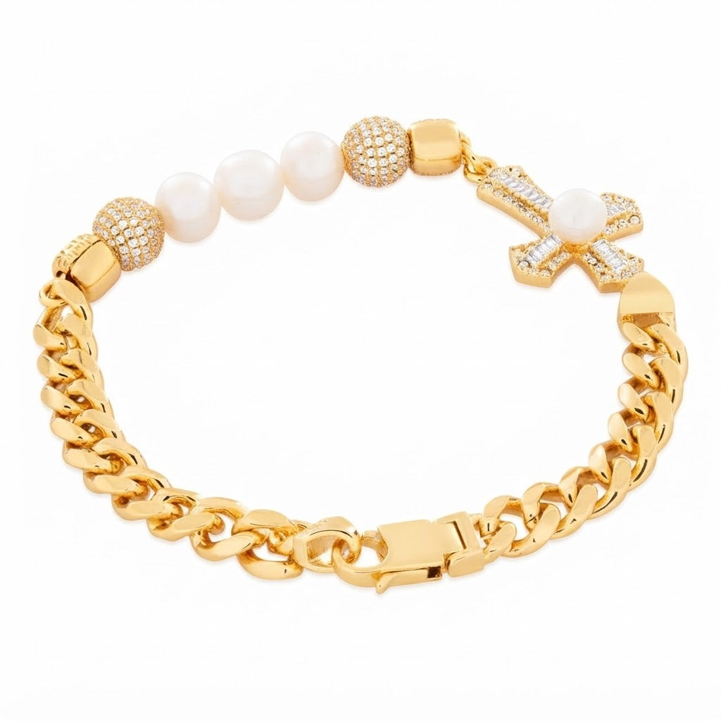Pearl Moissanite Beaded Curb Bracelet with Cross Baguette Charm