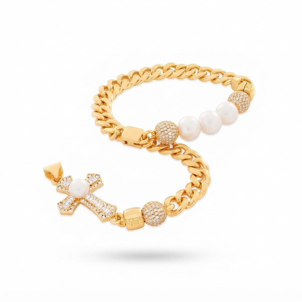 Pearl Moissanite Beaded Curb Bracelet with Cross Baguette Charm