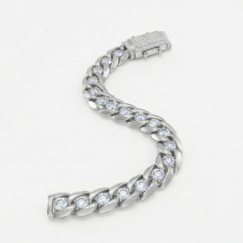 8mm Single Round Moissanite Diamond Plain Cuban Link Bracelet